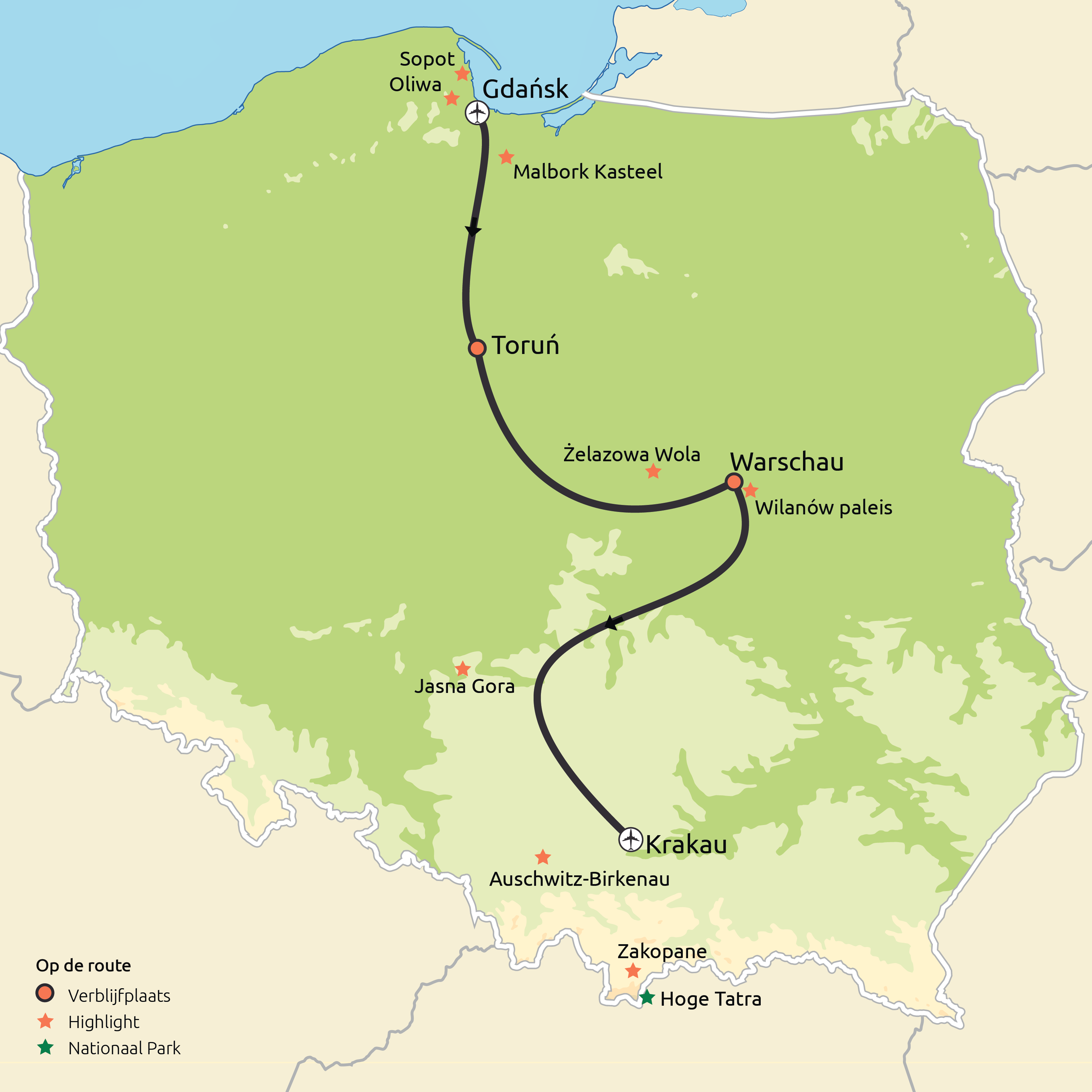 Routekaart Hoogtepunten van Polen