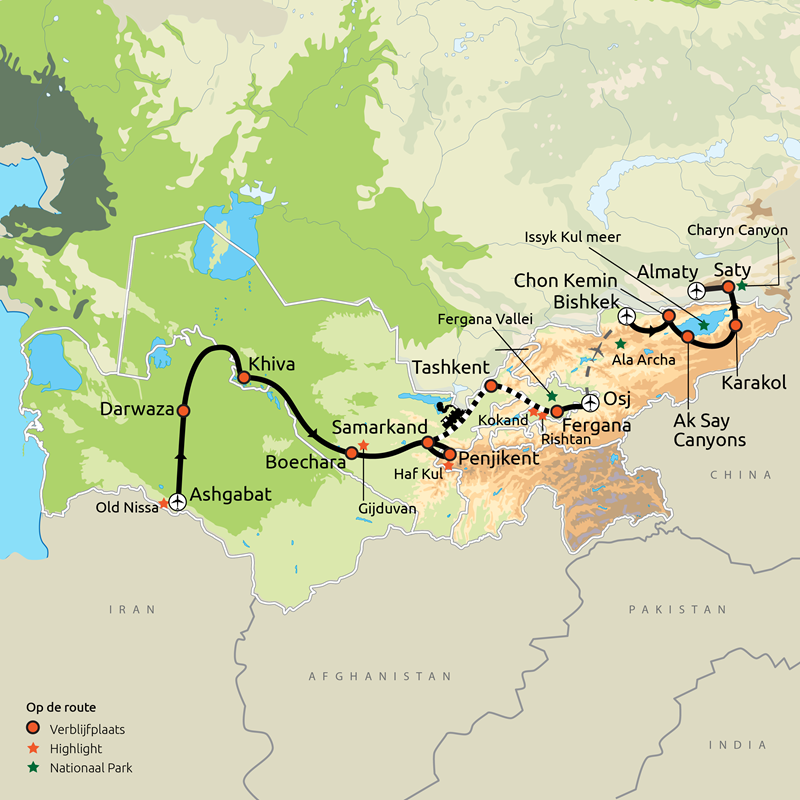 Routekaartje Groepsreis De Grote Zijderoute