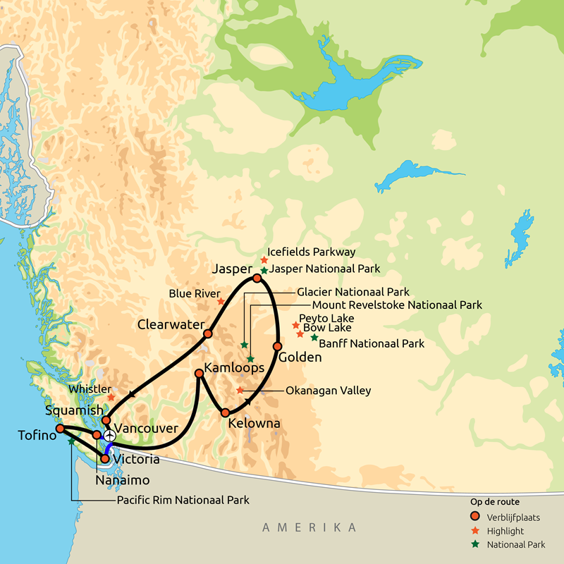 Routekaartje Onvergetelijk West-Canada